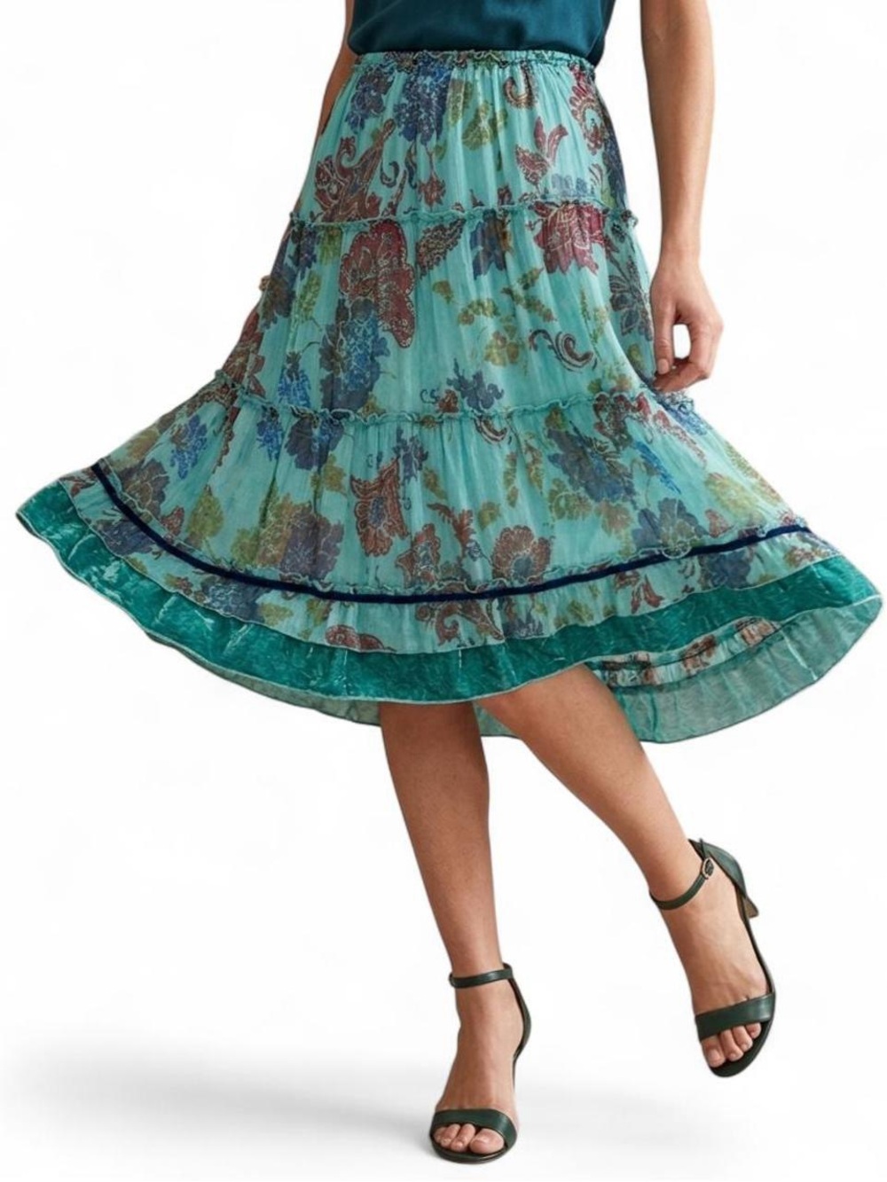 Silk Midi Skirt Teal Floral Flowy Boho High Wasted Ruffle